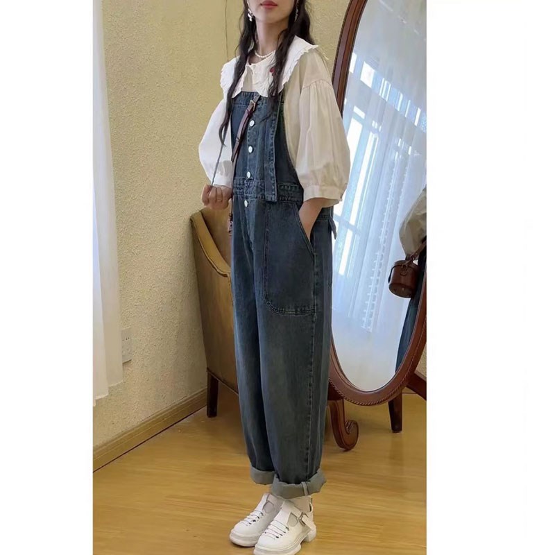 秋季大码女装胖mm显瘦遮肚娃娃领衬衫打底上衣宽松牛仔背带裤套装