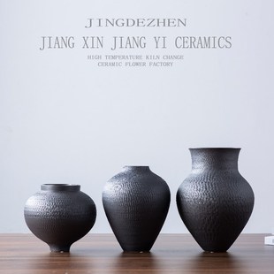 新中式黑陶花瓶摆件设计师样板间软装花插客厅家居简约创意摆设