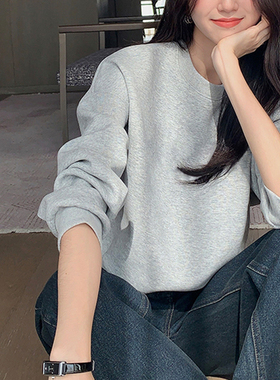 灰色圆领套头无帽卫衣女秋冬2023新款长袖宽松休闲小个子短款上衣