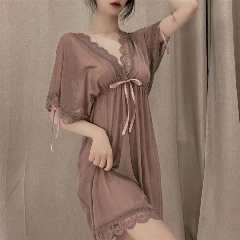 睡衣女夏天2023新款网纱透明性感胖MM200斤大码宽松短袖蕾丝睡裙