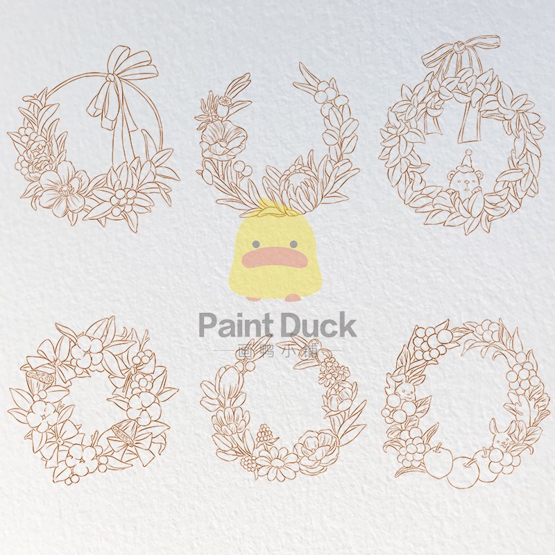 画鸭花环清新花卉植物水彩线稿临摹本中粗水彩纸填色艺术家底稿