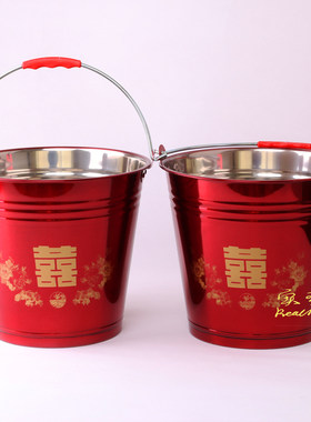结婚红水桶喜桶米桶陪嫁水桶不锈钢脸盆结婚热水瓶红脸盆水壶