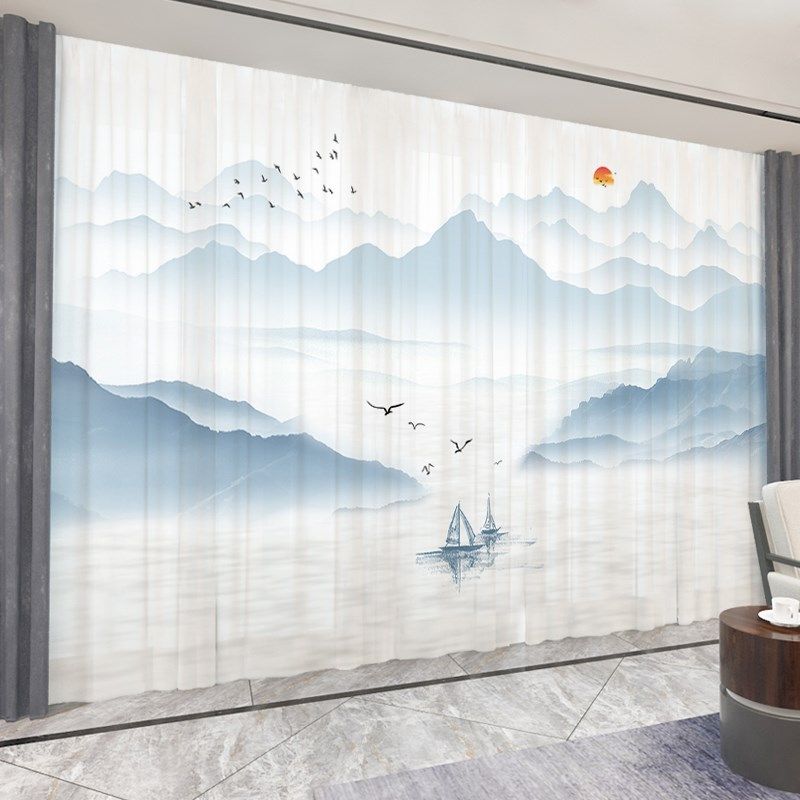 水墨山水画纱帘透光不透人风景荷花禅意布帘客厅办公室新中式窗帘