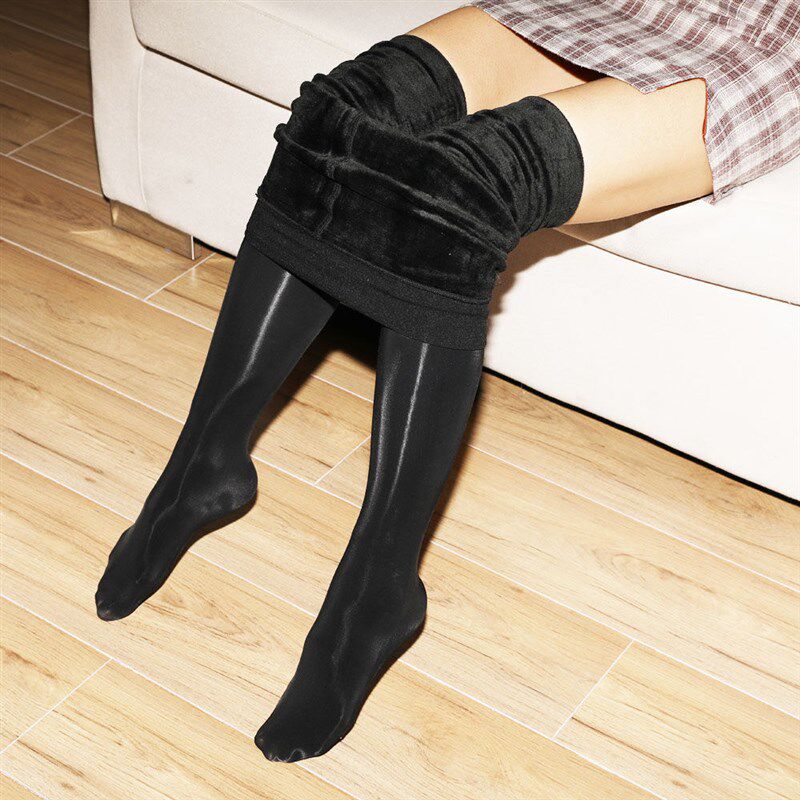 性感油亮加绒套装紧身黑丝美腿打底袜男女神裤春秋加厚高密反光袜