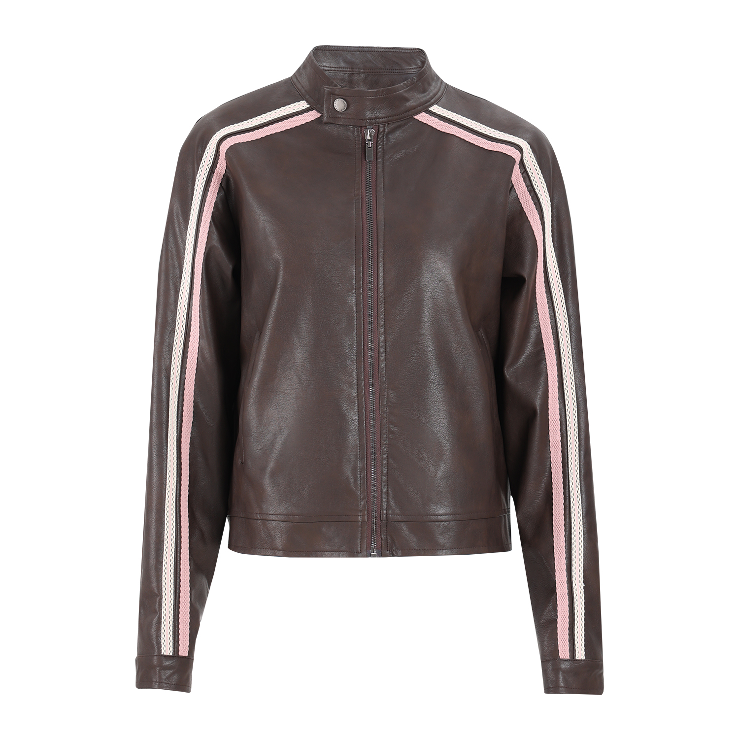 thumbnail for weekendhub's new contrasting striped leather jacket for autumn is a good-looking retro high-end brown jacket