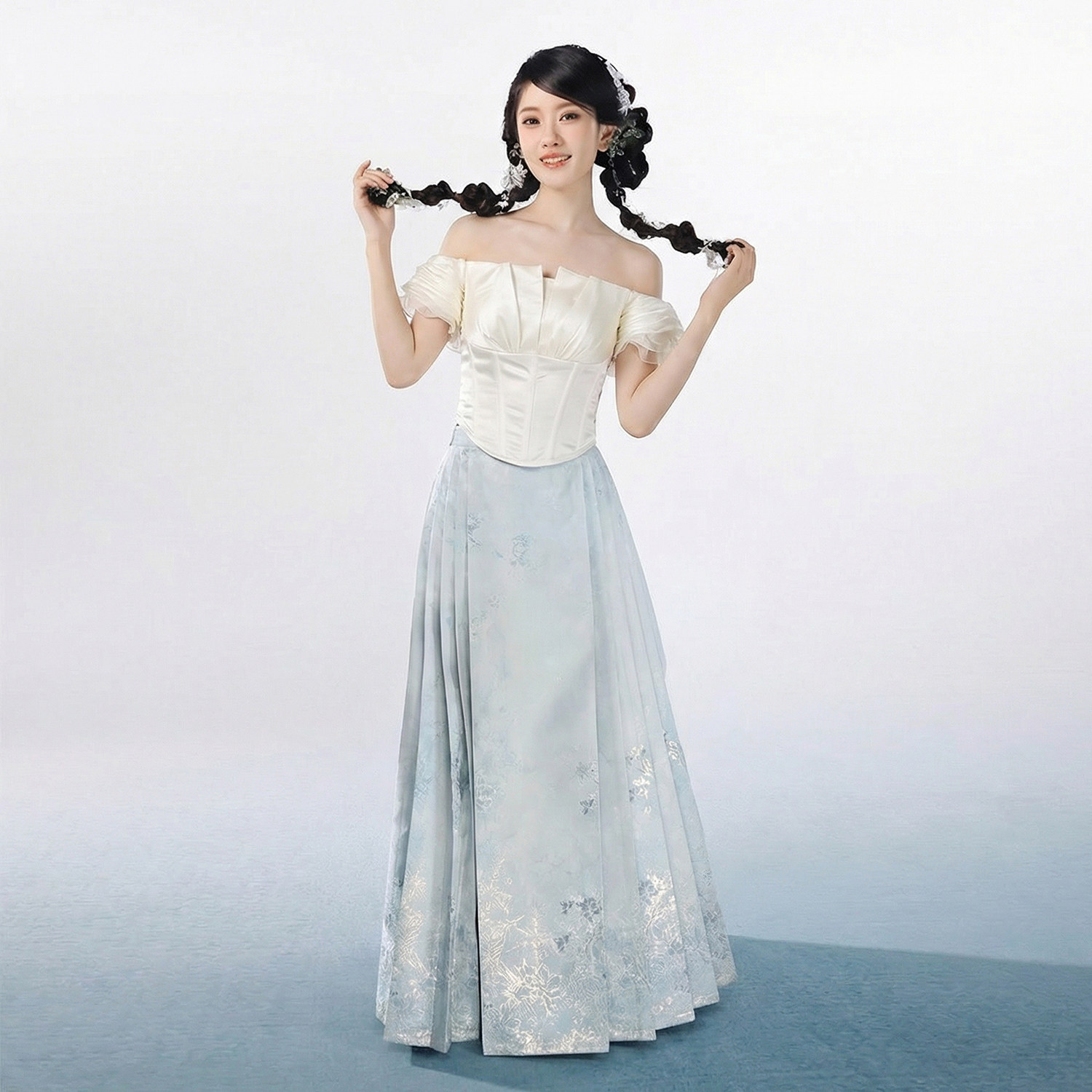 月渺境霜雪白色马面裙一字肩套装女2026春夏新款国风明制汉服日常
