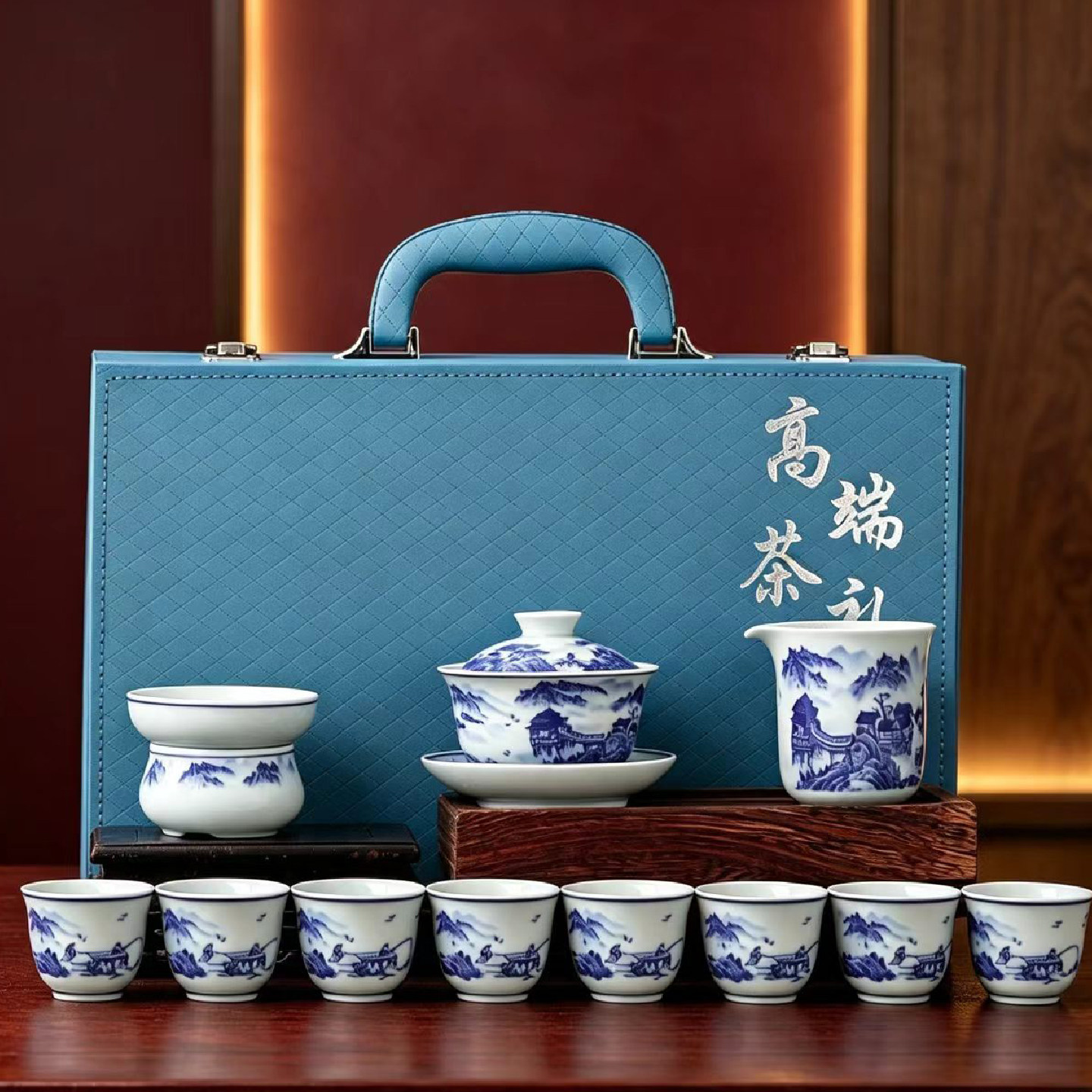 新款青花陶瓷三才盖碗高端轻奢泡茶专用家用送礼功夫茶具套装礼盒