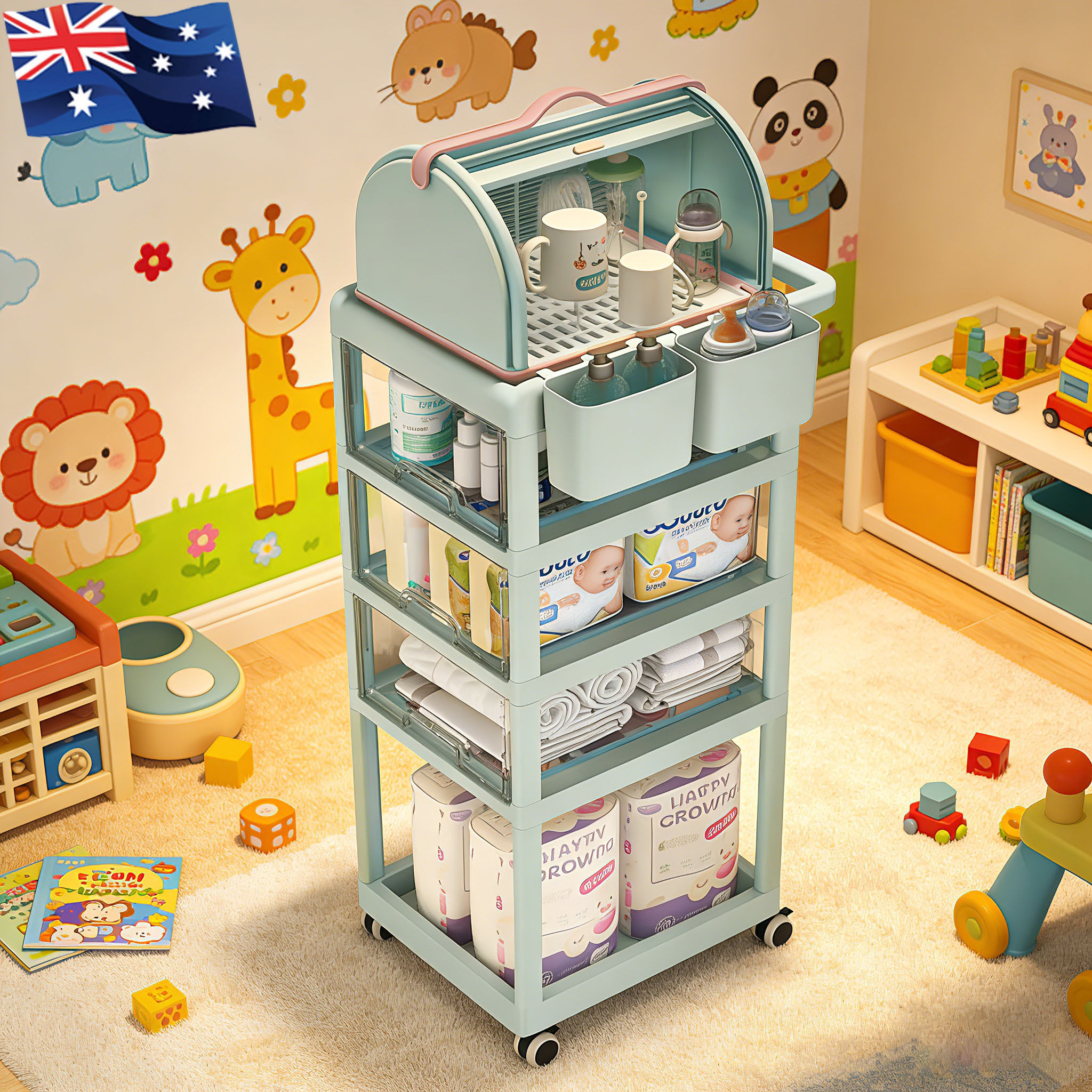 澳洲婴儿用品置物架小推车宝宝收纳柜喂养台新生儿移动奶瓶储物架,收纳整理,家用收纳手推车,淘宝优惠券,粉丝福利购,淘宝优惠卷