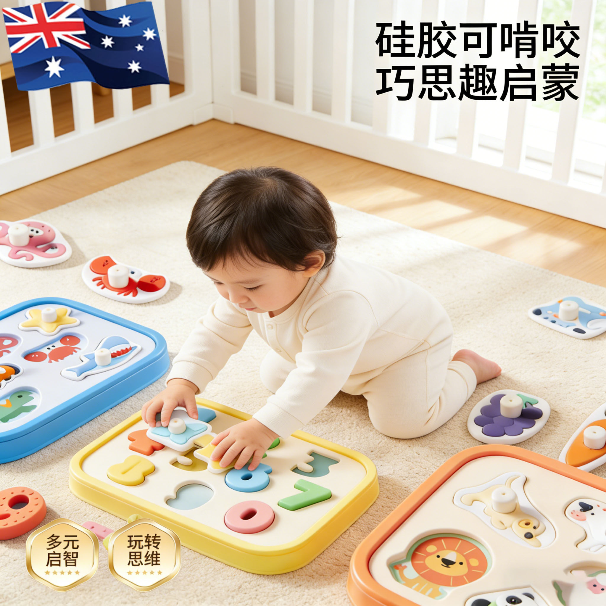 澳洲宝宝蒙氏早教婴儿拼图形状配对硅胶手抓板儿童益智玩具0-3岁,婴童洗护,牙胶,淘宝优惠券,粉丝福利购,淘宝优惠卷