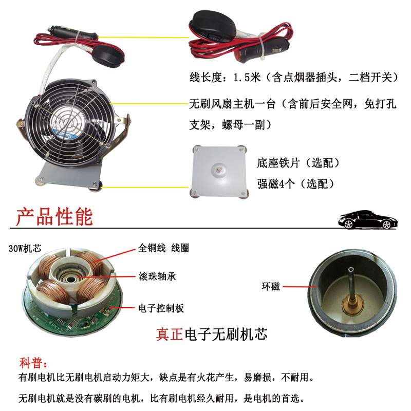 无刷风扇汽车车用挖掘机挂车大货车载电子风扇1N2-24V点烟器寿命
