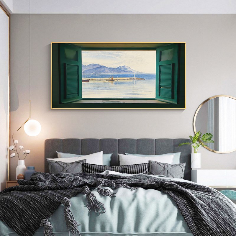 海景窗户客厅g装饰画空间延伸横幅沙发背景墙挂画法式中古卧室壁