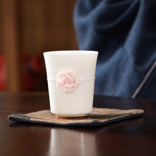 白瓷捏花品茗杯闻香杯主人杯茶杯蓝粉玫瑰送人礼品情人.节女生礼