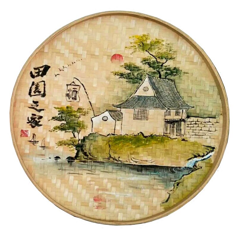 手绘竹编簸箕画农家乐装饰竹编制品墙上H墙壁挂饰墙面圆形挂件田