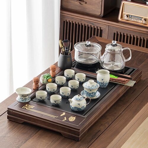 紫砂茶具套装e家用客厅简约实木茶盘烧水壶整套一体功夫茶海全自