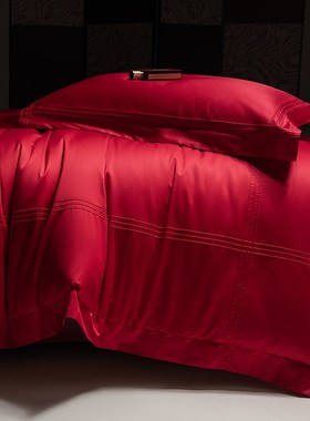 轻奢风大红色婚庆四件套1s00S长绒棉纯棉被套纯色结婚床单床上用