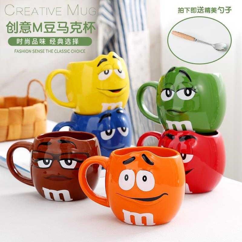 m豆杯陶瓷马克杯子p大容量早餐牛奶杯带勺燕麦杯个性表情杯
