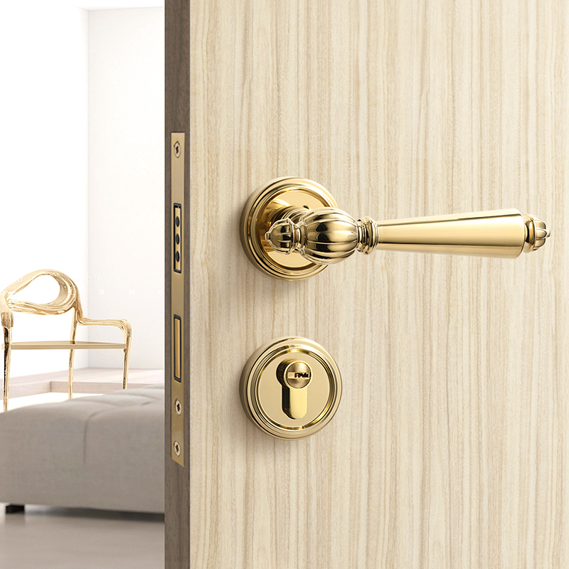 室内卧室门锁金色房间家用木门门把D手分体静音磁吸轻奢法式房门
