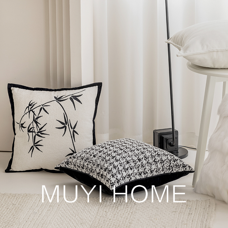 中式国风水墨竹林方枕轻奢法式抱枕套样板L间客厅沙发靠垫床上靠