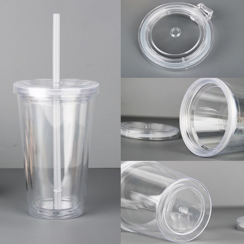 奶茶杯可循环使h用水杯透明双层塑料吸管杯大容量咖啡杯外带饮料