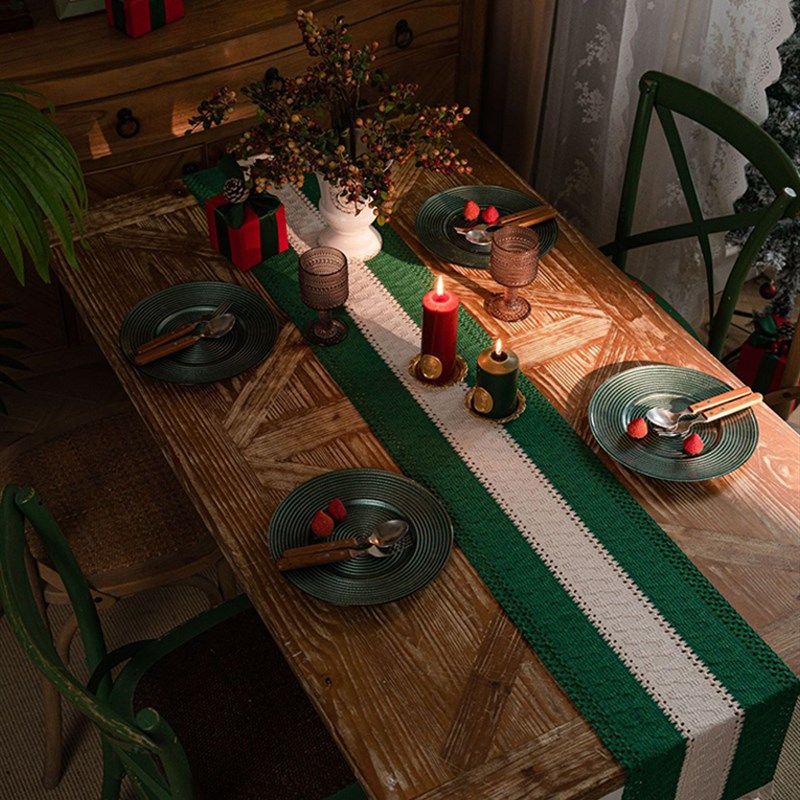 棉麻勾编编织桌旗美式法式u长条桌布装饰餐垫茶几餐桌氛围感桌垫