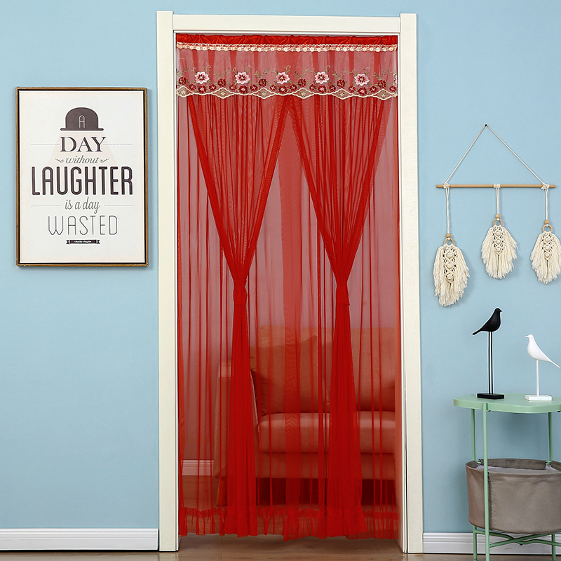 免打孔门帘蕾丝夏季防蚊隔断帘卧室遮光喜庆家用结婚装饰挂帘红色