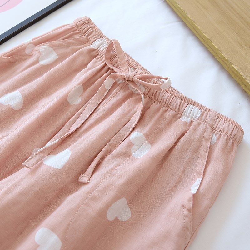 春夏薄款纯棉双层纱布睡裤女全棉家居裤卡通爱心透气柔软挺阔,女士内衣/男士内衣/家居服,睡裤/家居裤,淘宝优惠券,粉丝福利购,淘宝优惠卷