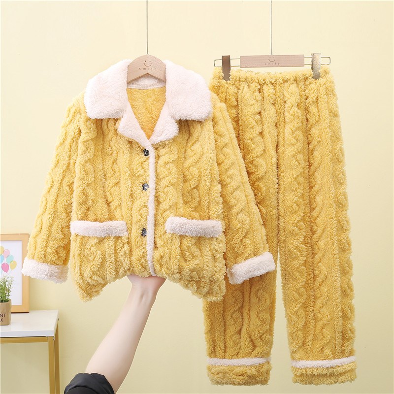 儿童法兰绒睡衣男童睡衣秋冬季卡通中大童珊瑚绒女孩家居服套装