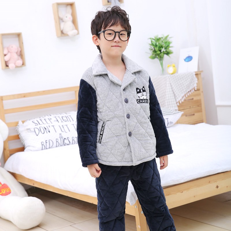 儿童睡衣秋冬季加绒加厚款三层法兰绒女童男孩中大童家居服珊瑚绒