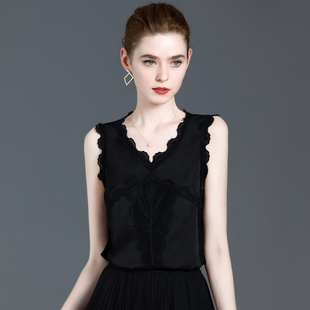 2021夏季新款黑色真丝内搭背心女夏雪纺时尚性感无袖镂空蕾丝上衣