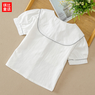 夏装 夏季 2023新款 衬衣娃娃衫 洋气女宝宝白色上衣儿童短袖 女童衬衫