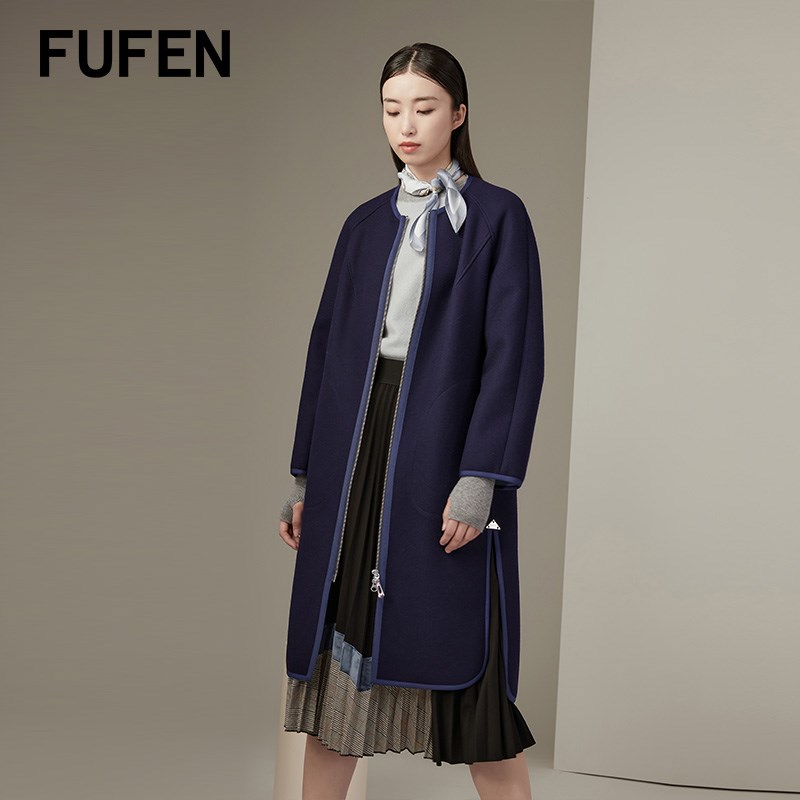 FUFEN福芬新款秋冬蓝色拉链毛呢外套开衫开叉大衣女FY-14490