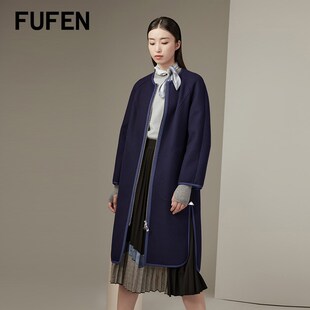FUFEN福芬新款秋冬蓝色拉链毛呢外套开衫开叉大衣女FY-14490