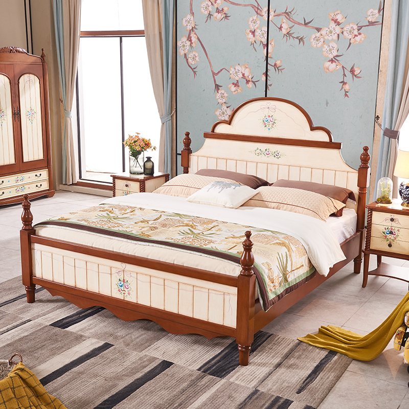 美式实木双人床田园乡村彩绘小户型卧室家具箱体公主床1.8米婚床