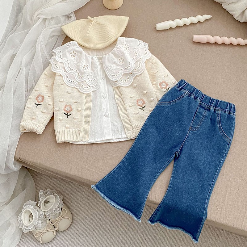 女童套装春秋针织开衫花边翻领衬衫软牛仔喇叭裤宝宝婴儿衣服童装