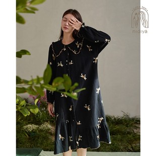 妮狄娅2024睡衣睡裙女春秋季 可外穿家居服 纱布长袖 宽松中长款