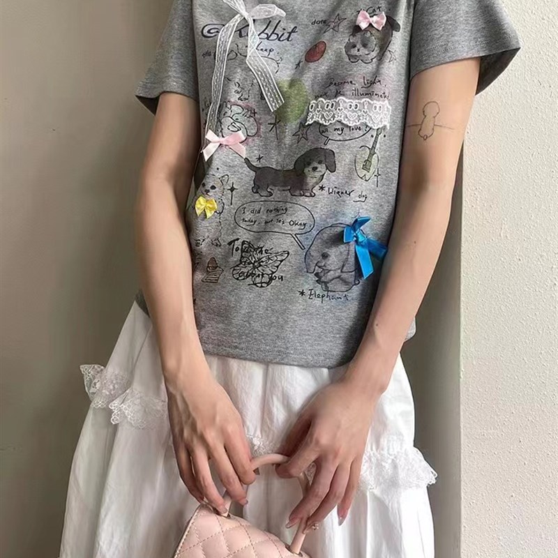 韩国东大门2024夏季趣味喷画蕾丝蝴蝶结T恤女休闲风百搭短袖上衣