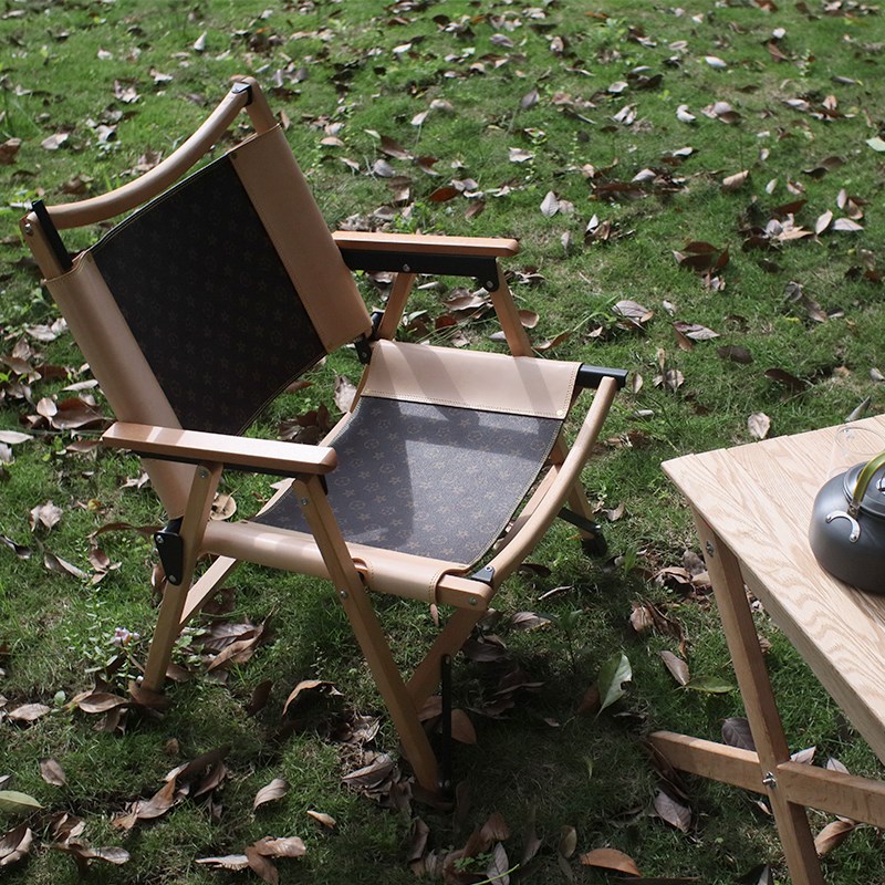 铭家 户外折叠椅子实木便携v式露营野外克米特椅 真皮座椅露营靠