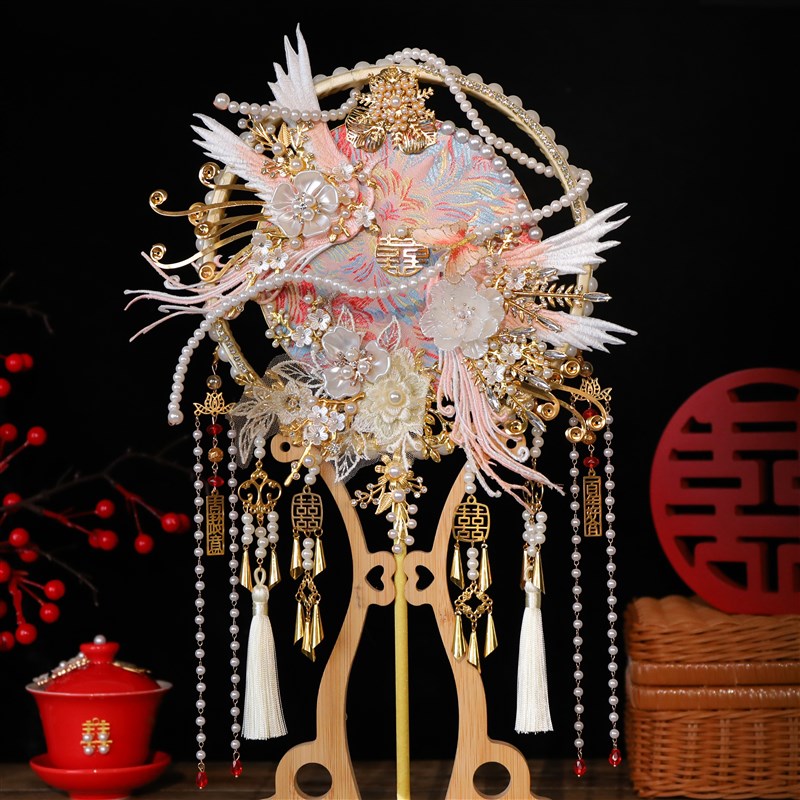 团扇新娘结婚diky材料包手工成品秀禾喜扇高级婚礼重工婚扇子双面