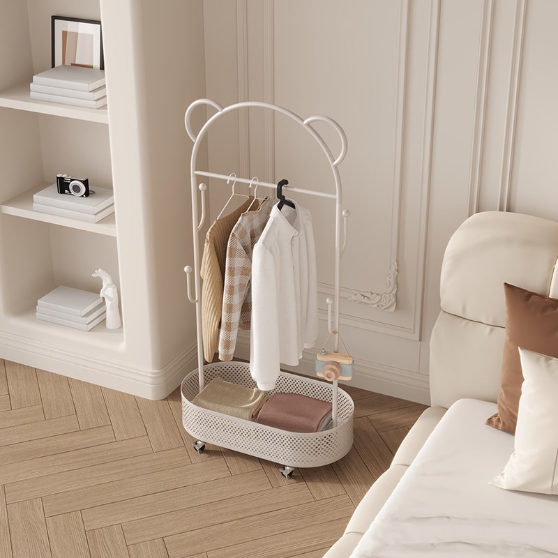 奶油风室内创意迷你儿童挂衣架落C地卧室可移动带轮小型床边衣帽