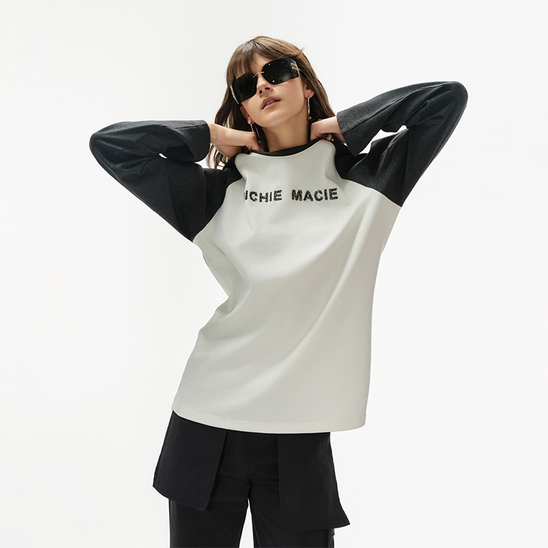 银河灰重工珠片绣设计感长袖T恤