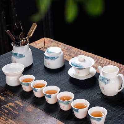 速发高端轻奢德化羊脂玉茶具手绘功夫茶具套装家用办工会客送礼小