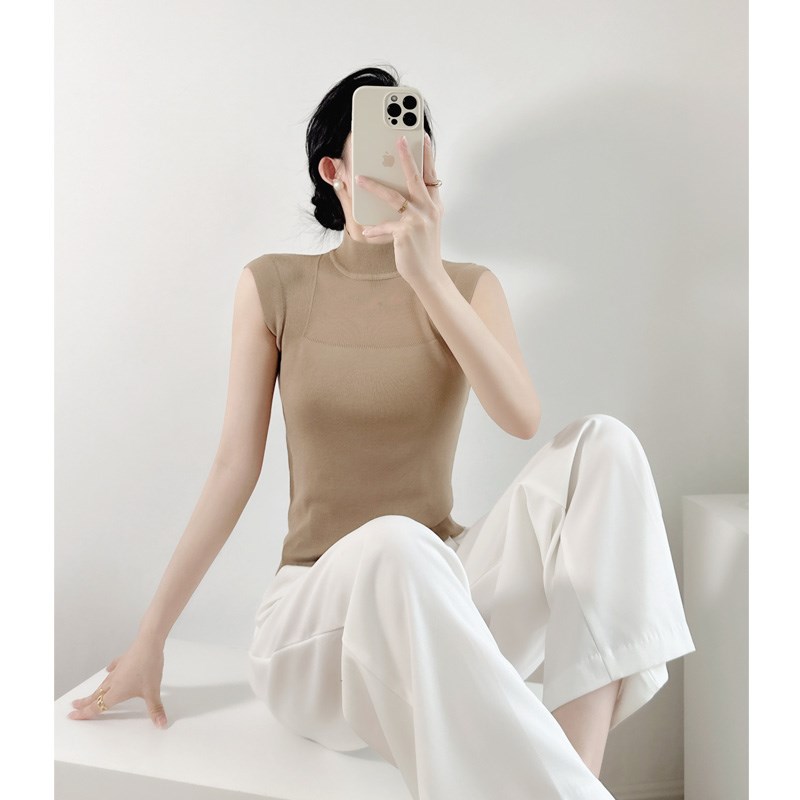 速发夏季新款欧美辣妹镂空半高领针织背心打底网红百搭无袖上衣