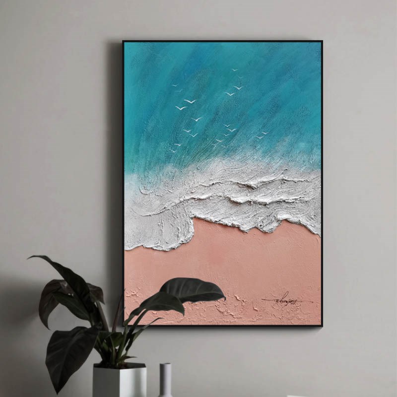 速发手绘油画 温情海岸 现代简约轻奢海滩风景玄关走廊竖版大画