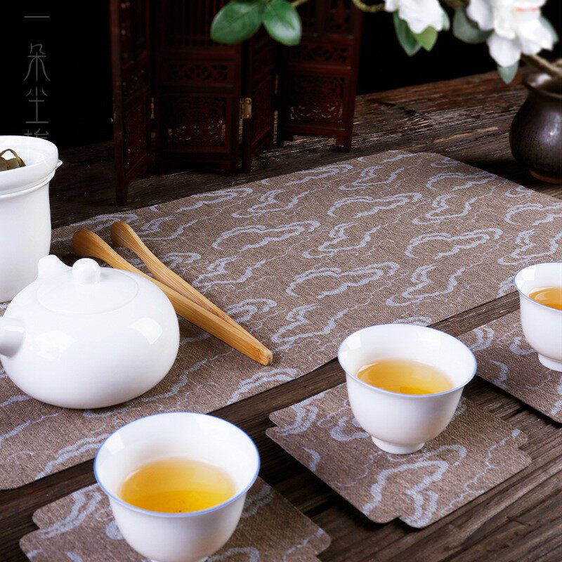 速发主人茶席杯垫单人中式丝绢祥云图案防水桌旗禅意布艺茶桌布小
