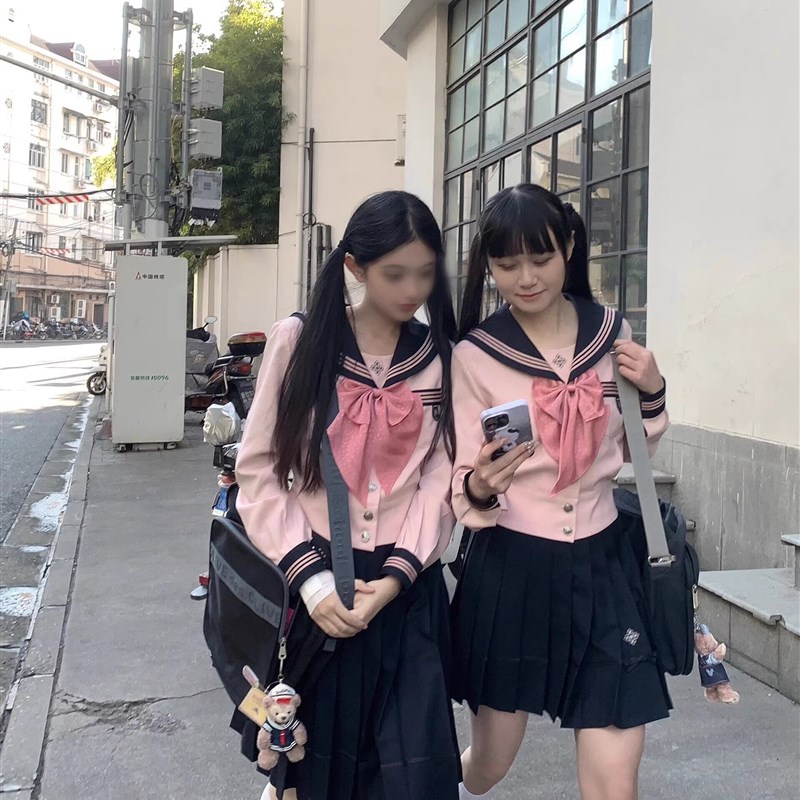 速发校供JK制服【抚蝶子】水手褶裙色长袖高腰百服粉学院风套装