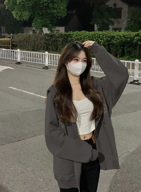 速发即墨灰色连帽外衣卫套春秋小个子202新款薄款上衣秋天开衫