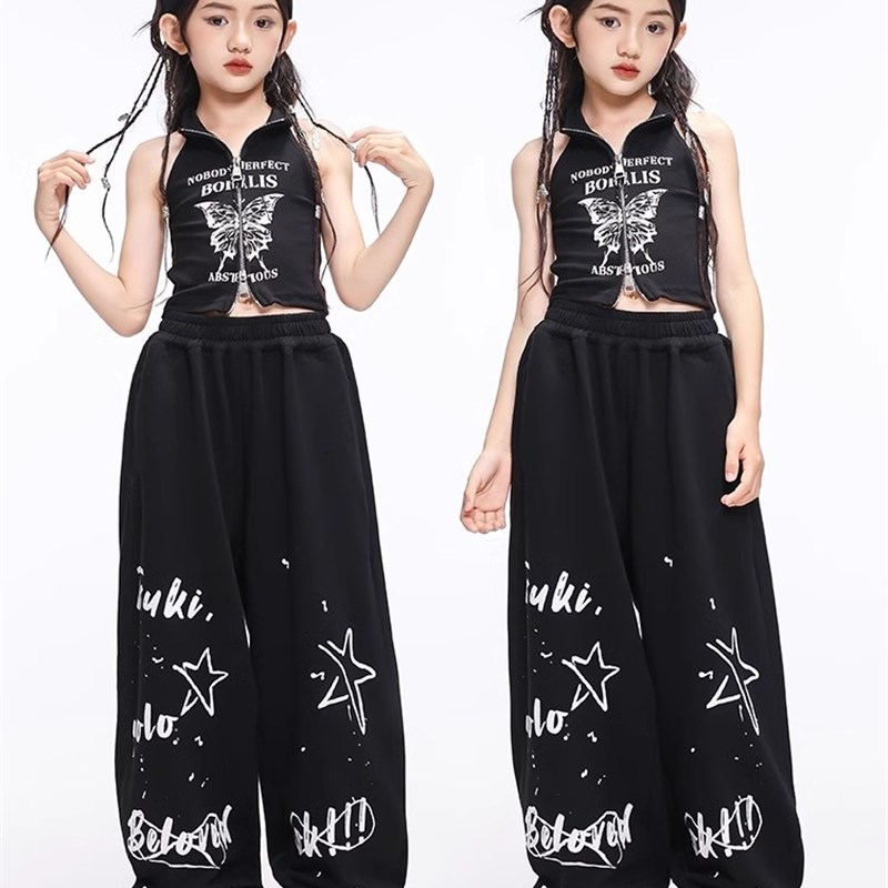 速发爵士舞服装孩h髦露脐走秀潮街舞少儿潮服套装时出phop演i服