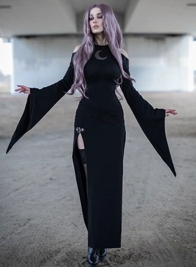 速发wast长ia 哥特袖连衣裙暗黑御姐风h裙黑色辣妹裙子