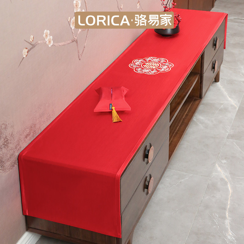 现货速发花田喜事刺绣电视柜巾床头柜盖布红色陪嫁礼物婚庆结婚房