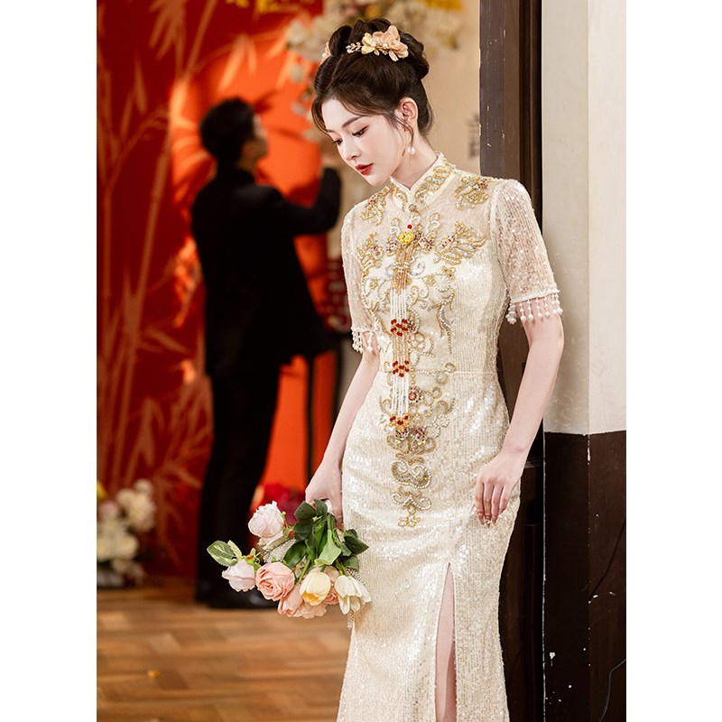 现货速发敬酒服新娘结婚婚礼香槟色出阁主持人生日宴会礼服鱼尾旗